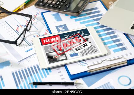 Fake news concept man reading news media technology on smartphone just Fake Stock Photo