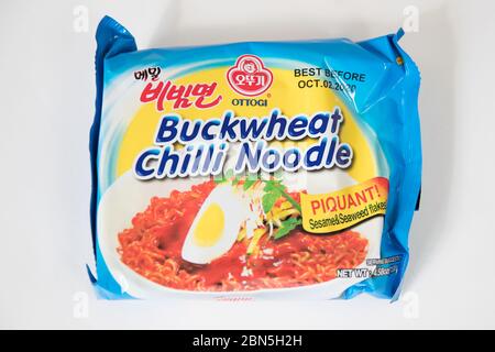 Princeton New Jersey May 12 2020: Ottogi Buckwheat Bibim Ramyon(Chilli Noodle). Stock Photo