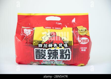 Princeton New Jersey May 12 2020: Chinese Food Snacks BaiJiaChenJi Hot and Sour Vermicelli Noodles Stock Photo