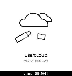 Black line usb cloud icons. Linear graphic sign digital tool technology storage information. Logotype design for web site, app, ui. Simple shape transfer data. Isolated on white vector illustration Stock Vector
