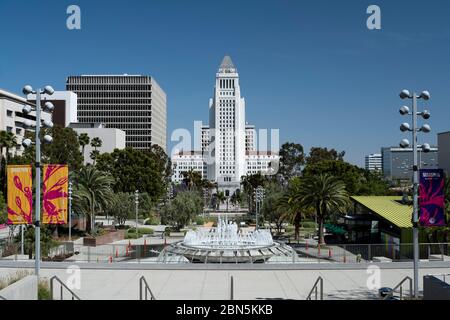 fountain in Grand Park in front of Los Angeles City Hall on a clear summer afternoon Stock Photo