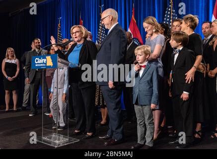 US Senator Claire McCaskill concedes defeat to Missouri Attorney General Josh Hawley in the 2018 mid-term general election for US Senate Stock Photo