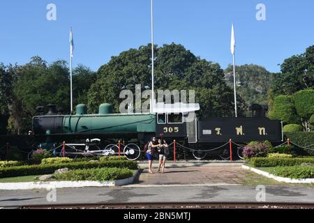 A dispaly of an old railway train near to the train station at Hua Hin city of Thailand. Stock Photo