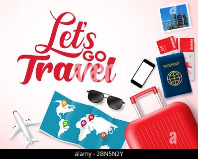 Let's go travel vector banner design. Let's go travel text in white space for messages with travelling elements like luggage, passport, ticket, map. Stock Vector