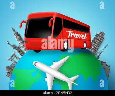 Travel bus vector design. Travel text in transportation bus with globe element and world famous country landmarks destination for world trip and tour. Stock Vector