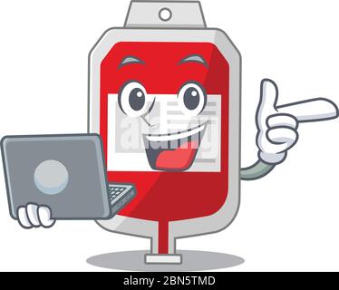 Smart cartoon character of blood plastic bag studying at home with a laptop Stock Vector