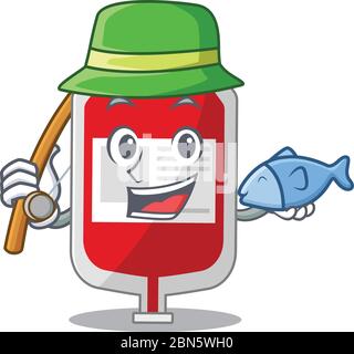 Cartoon design style of blood plastic bag goes to fishing Stock Vector