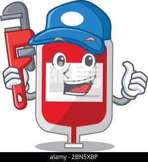 cartoon character design of blood plastic bag as a Plumber with tool Stock Vector