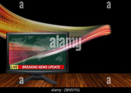 Technology breaking news concept with TV monitor showing a wave of information data stream flowing out of screen with copy space. Stock Photo