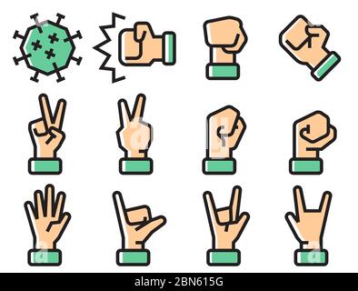 Hand signs and gestures icon.To fight with Coronavirus 2019-nCov concept. Flat color line stroke editable. Stock Vector