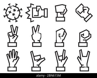 Hand signs and gestures icon.To fight with Coronavirus 2019-nCov concept. Single line stroke. Stock Vector