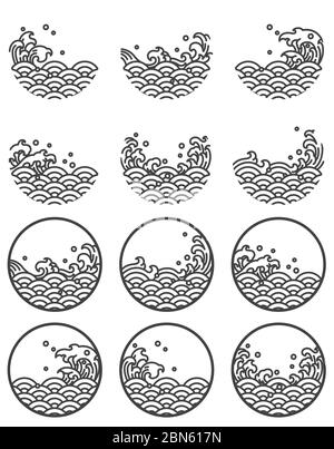 Water wave line logo symbols. Oriental wave decorate in round shape. Japanese. Thai. Chinese. - Vector. Stock Vector