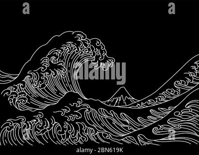 Big Asian ocean wave and the mountain illustration. Isolated on white background. Ocean of Kanagawa.Single line stroke.-Vector. Stock Vector