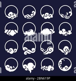 Chinese and Japan cloud and modern icon vector set. For logo design template. Isolated on blue indigo bakcground. Stock Vector