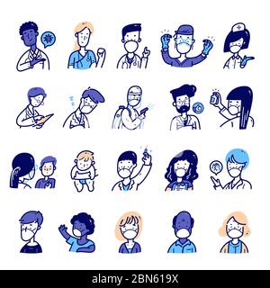 Coronavirus 2019-nCov people avatar characters vector and flat line illustration set. Medical team and various people potrait icons. Stock Vector