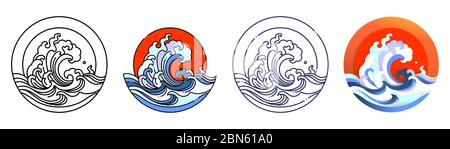 Wave water art vector illustration. Outline, flat, outline color and paper cut design. Stock Vector