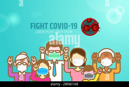 Family team power against Covid-19,Coronavirus flat design illustration. Strong and harmonious parent wearing mask for protection with hopeful hands u Stock Vector