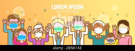 Family and doctor team power against Covid-19,Coronavirus flat design illustration. Strong and harmonious parent wearing mask for protection with hope Stock Vector