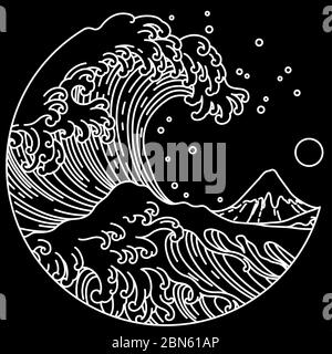 Japanese great wave line art in round shape illustration. Isolated on black background. Editable stroke.Ocean of Kanagawa. Stock Vector