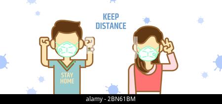 A man and a girl with medical mask raised arms up in fight Coronavirus 2019-nCov concept. Stay home and keep distance. Color line design illustration. Stock Vector