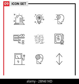 Set of 9 Modern UI Icons Symbols Signs for network, movie reel, shopping, film stip, head Editable Vector Design Elements Stock Vector