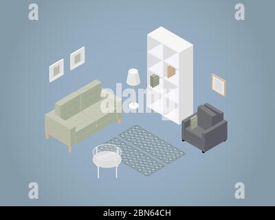Vector illustration of a living room concept. Isometric furniture set with bookcase, armchair, sofa, floor lamp, books and picture frames Stock Vector