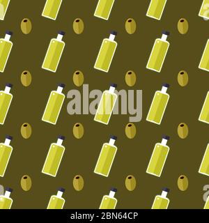Seamless pattern with olives and olive oil bottles. Flat design on the dark background. Vector illustration Stock Vector