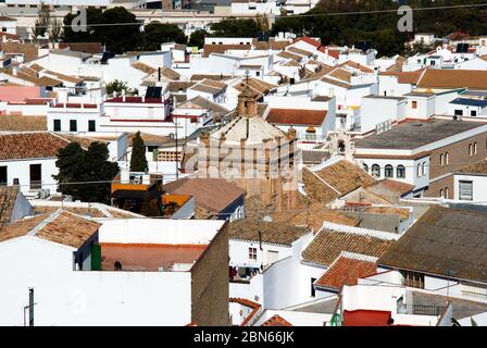 View over town rooftops and the Carmen church (Iglesia del Carmen), Estepa, Seville Province, Andalusia, Spain, Western Europe. Stock Photo