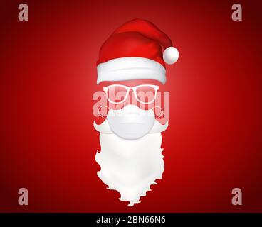 3d illustration Santa Claus face with medical mask - hat - glasses - beard and mustache. Christmas Santa design elements. Holiday icons. New year Stock Vector