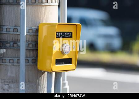 Pedestrian push button in Japan.  Translation: Please wait. Stock Photo