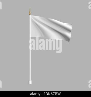 Realistic white flag waving in the wind. 3D advertising textile vector flags. Template for products, advertizing, web banners, leaflets, certificates Stock Vector