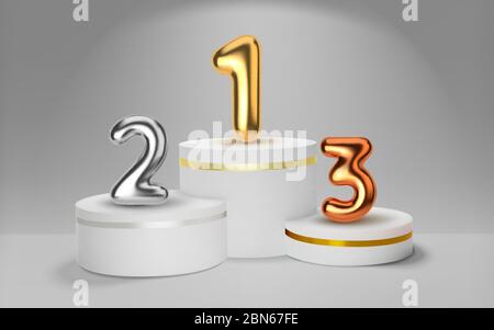 White winners podium 3D render. Number in the form of golden balloons. Awarding of winners of sports competitions. Round realistic pedestal. Vector Stock Vector