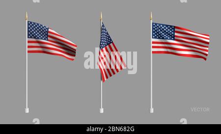 Realistic American Flag. Waving flag of the USA. 3D advertising textile vector flags. Template for products, advertizing, web banners, leaflets Stock Vector
