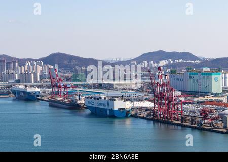 Incheon South Korea-February 23, 2020. Incheon Port Pier and Car Carrier ship. Incheon Port landscape. Stock Photo