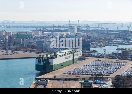 Incheon South Korea-February 23, 2020. Incheon Port Pier and Car Carrier ship. Incheon Port landscape. Stock Photo