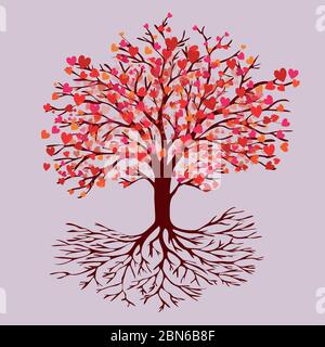 A tree of life with heart shaped red leafs of blossom. Al tints are red, pink and orange Stock Vector