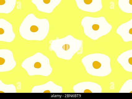 Seamless fried eggs pattern isolated on yellow background using as breakfast and food geometric vector repeating background for textile print. Stock Vector