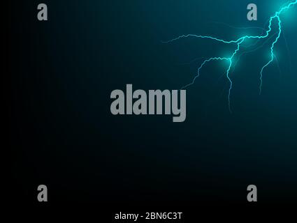 Thunder storm vector realistic lightning thunderbolt in blue or neon green tone on black background, Magic and bright electricity effects. Business ba Stock Vector