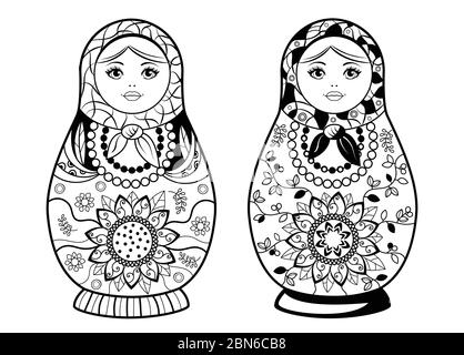 Nesting doll for Coloring Book. Black drawing on white background Stock Vector