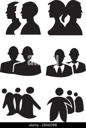 Set of six graphic designs using silhouette of people bust portrait. Black and white vector illustration isolated on white background. Stock Vector