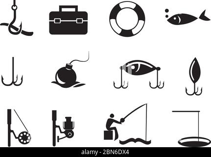 Vector illustration of isolated fishing icons on white background. Stock Vector