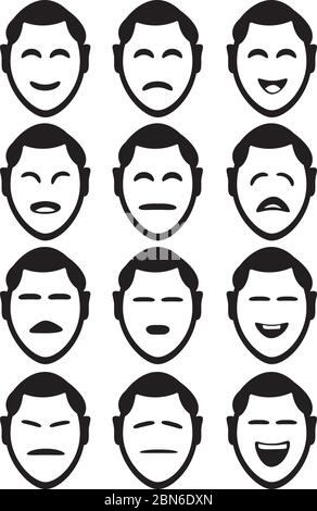 Male cartoon character facial expressions with different shapes of eyes and mouths to depict various feelings and emotions. Set of twelve vector icons Stock Vector