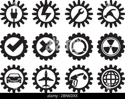 Mechanical cogs with conceptual symbols in the center. Vector icon set isolated on white background. Stock Vector