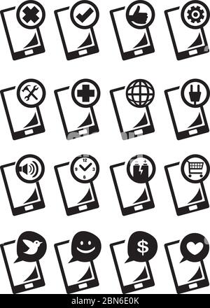 Vector illustration of handphone and different functions in black and white. Stock Vector