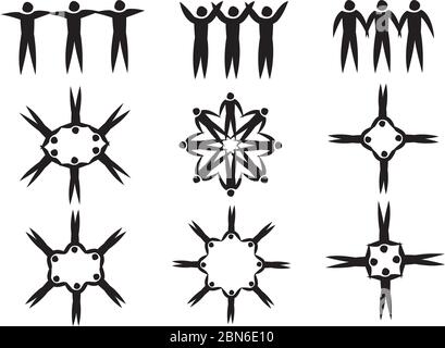 Set of interesting pattern symbol designs from arrangement of stick human figures linking hands. Vector illustration in black and white isolated on wh Stock Vector