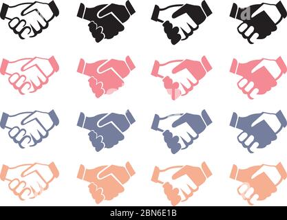 Vector illustration of business handshake icons in four different designs and colors isolated on white background. Stock Vector