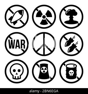 No nuclear weapon, no war, no bombs vector warning signs - antiwar, peace movement concept    No nuclear power plants, no war vector warning signs des Stock Vector