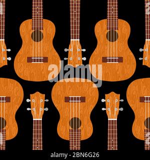 Ukulele Hawaiian guitar. From brown wood. Realistic vector illustration. Seamless pattern. Black background Stock Vector