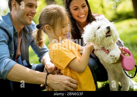 Beautiful happy family is having fun with maltese dog outdoors in the park Stock Photo