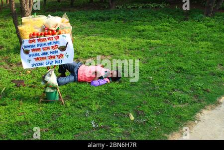 Street food seller sleeping on grass in a garden in New Delhi, India Stock Photo